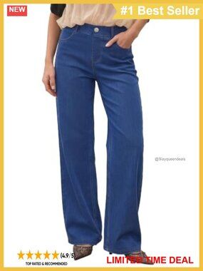 Wide Leg Pull On Stretchy Knit Denim Jeans High Rise Pockets